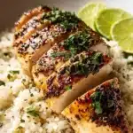 Juicy baked chicken breast seasoned with herbs and spices, served on a plate.