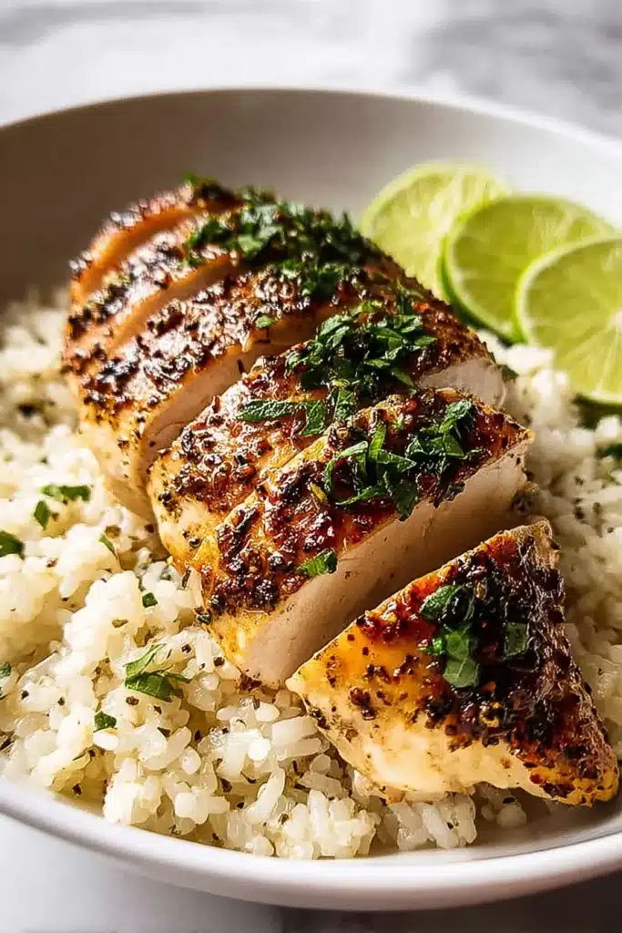 Juicy baked chicken breast seasoned with herbs and spices, served on a plate.