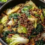 Delicious Beef and Cabbage Stir-Fry served in a bowl