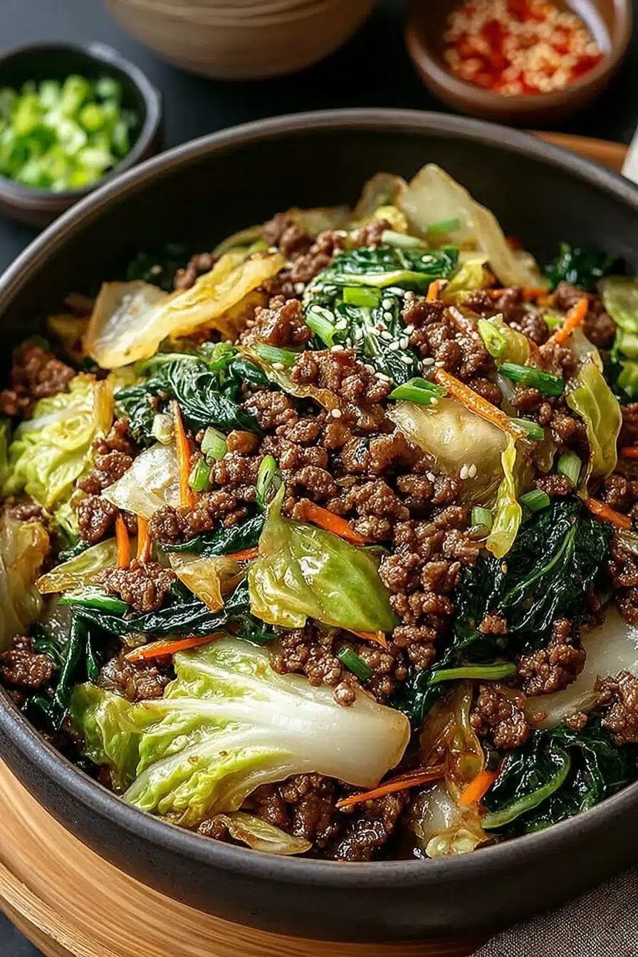 Delicious Beef and Cabbage Stir-Fry served in a bowl