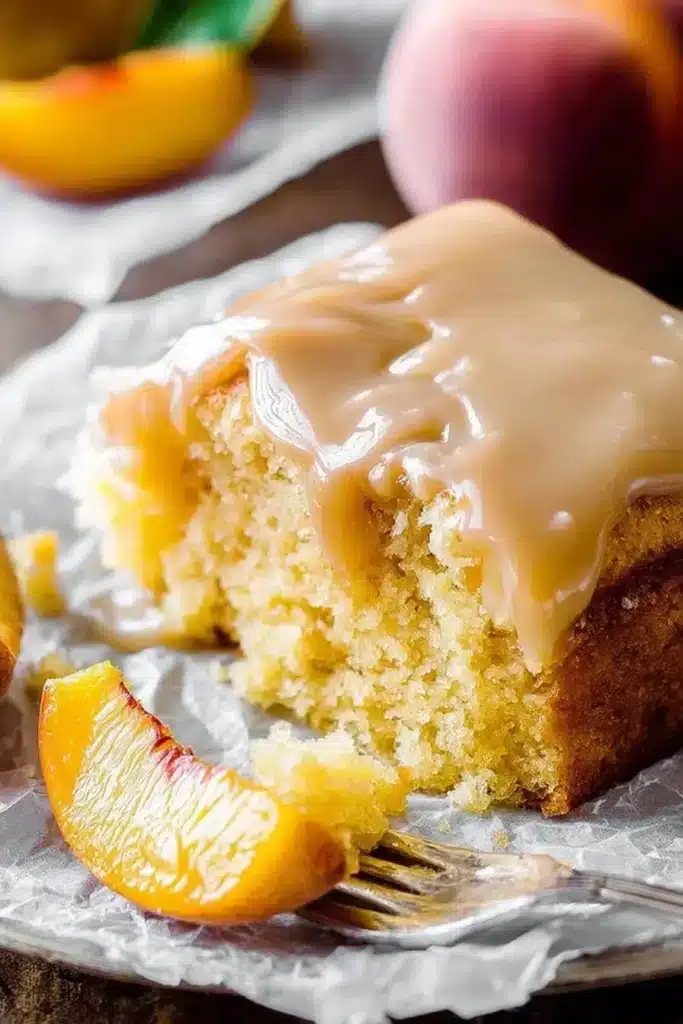 Delicious Brown Sugar Peach Cake topped with fresh peaches and brown sugar glaze.