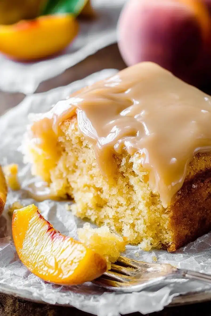 Delicious Brown Sugar Peach Cake topped with fresh peaches and brown sugar glaze.