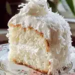 Delicious Coconut Cloud Cake topped with coconut flakes and cream