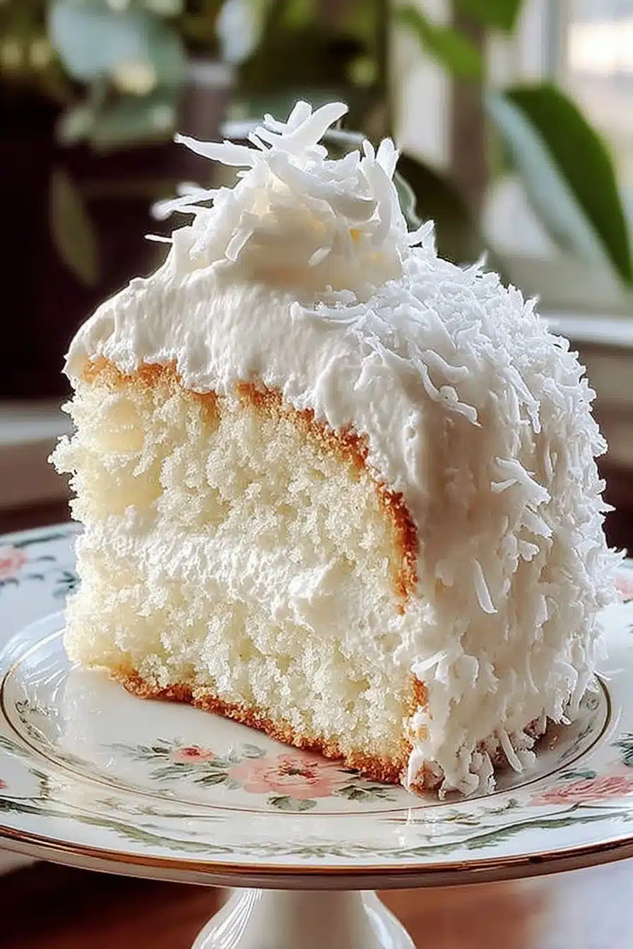 Delicious Coconut Cloud Cake topped with coconut flakes and cream