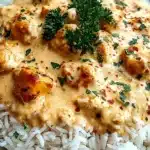 Delicious creamy smothered chicken served over rice with vegetables