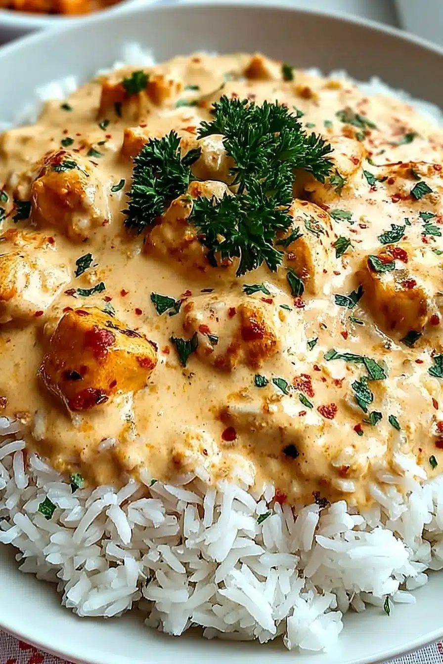 Delicious creamy smothered chicken served over rice with vegetables
