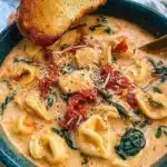 Bowl of creamy Tuscan chicken soup garnished with fresh herbs