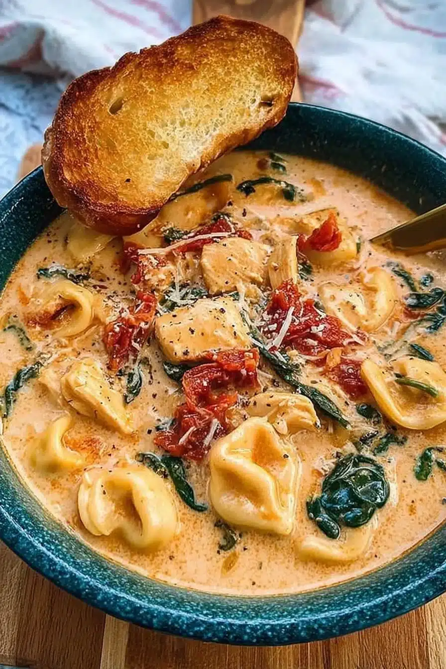Bowl of creamy Tuscan chicken soup garnished with fresh herbs