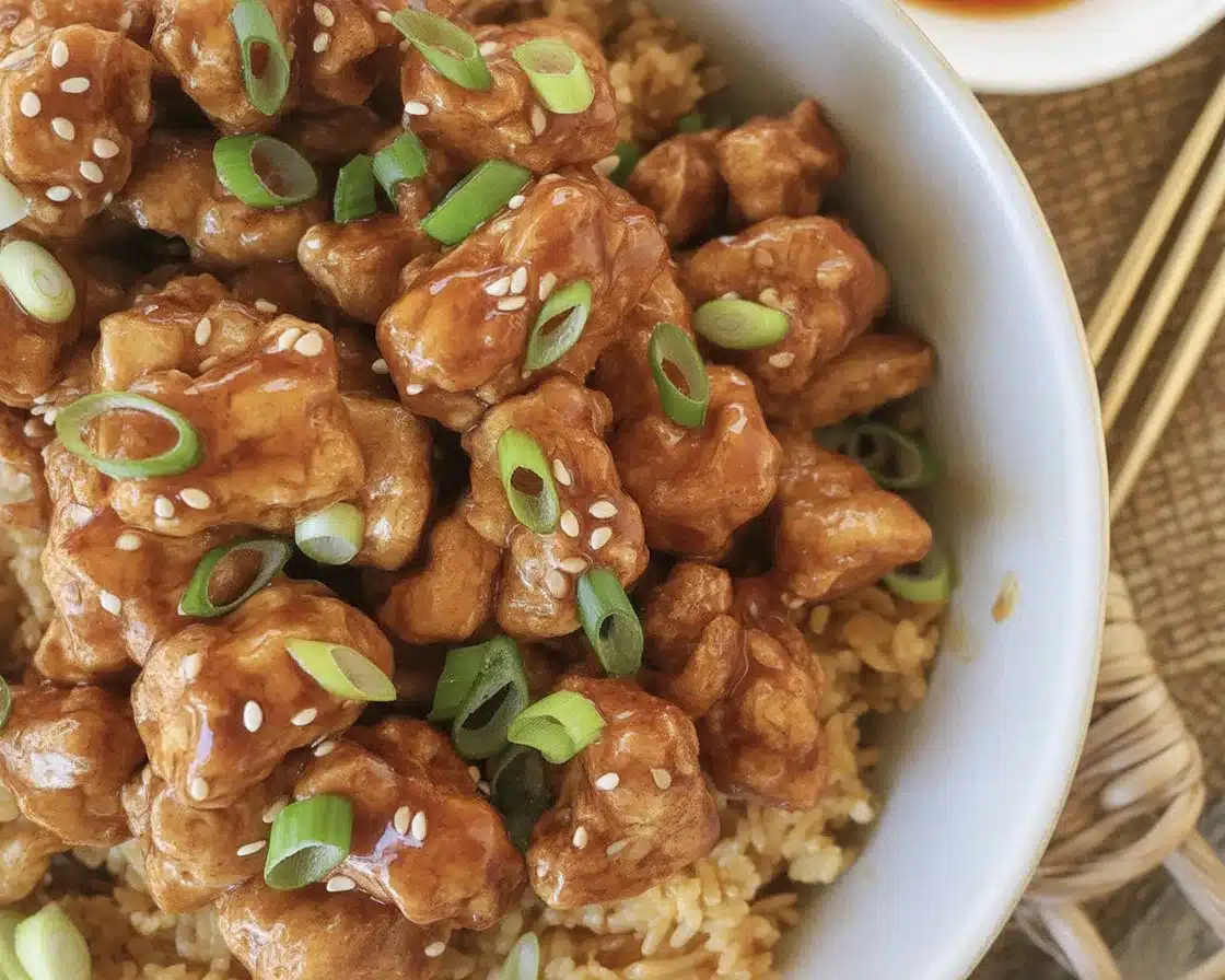 High Protein Crispy Sesame Popcorn Chicken served with sesame seeds and garnished for flavor.