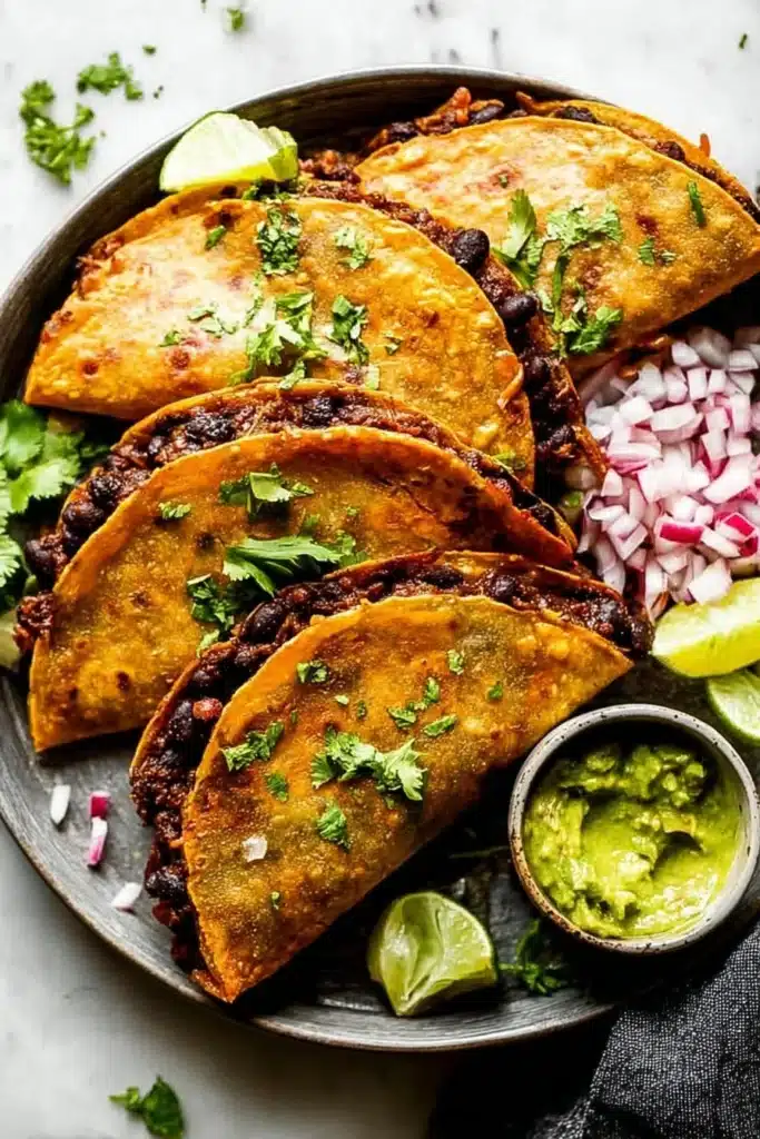 Crispy sheet pan black bean tacos served with toppings