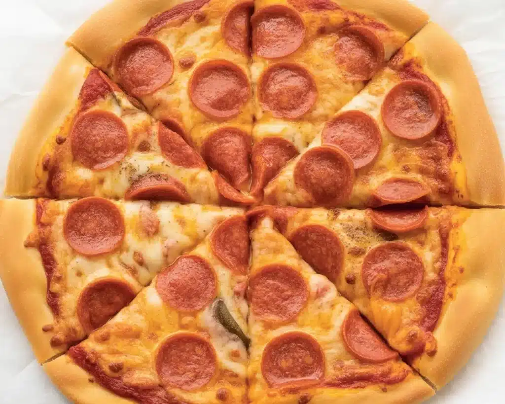 High Protein Low Calorie Pepperoni Pizza with turkey pepperoni and veggies.