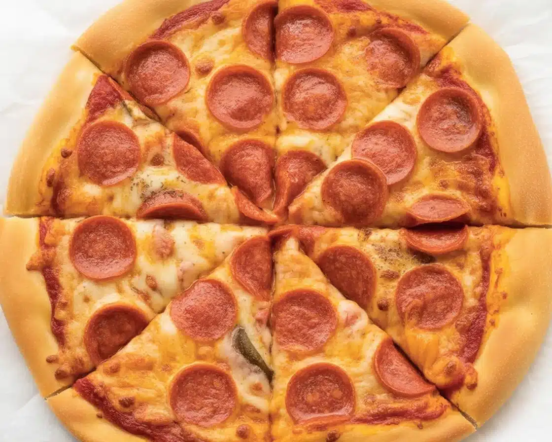 High Protein Low Calorie Pepperoni Pizza with turkey pepperoni and veggies.