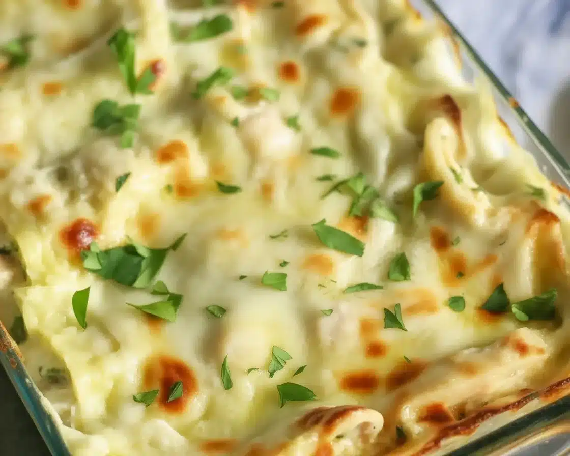 High Protein Chicken Alfredo Lasagna with creamy sauce and chicken, perfect for meal prep.