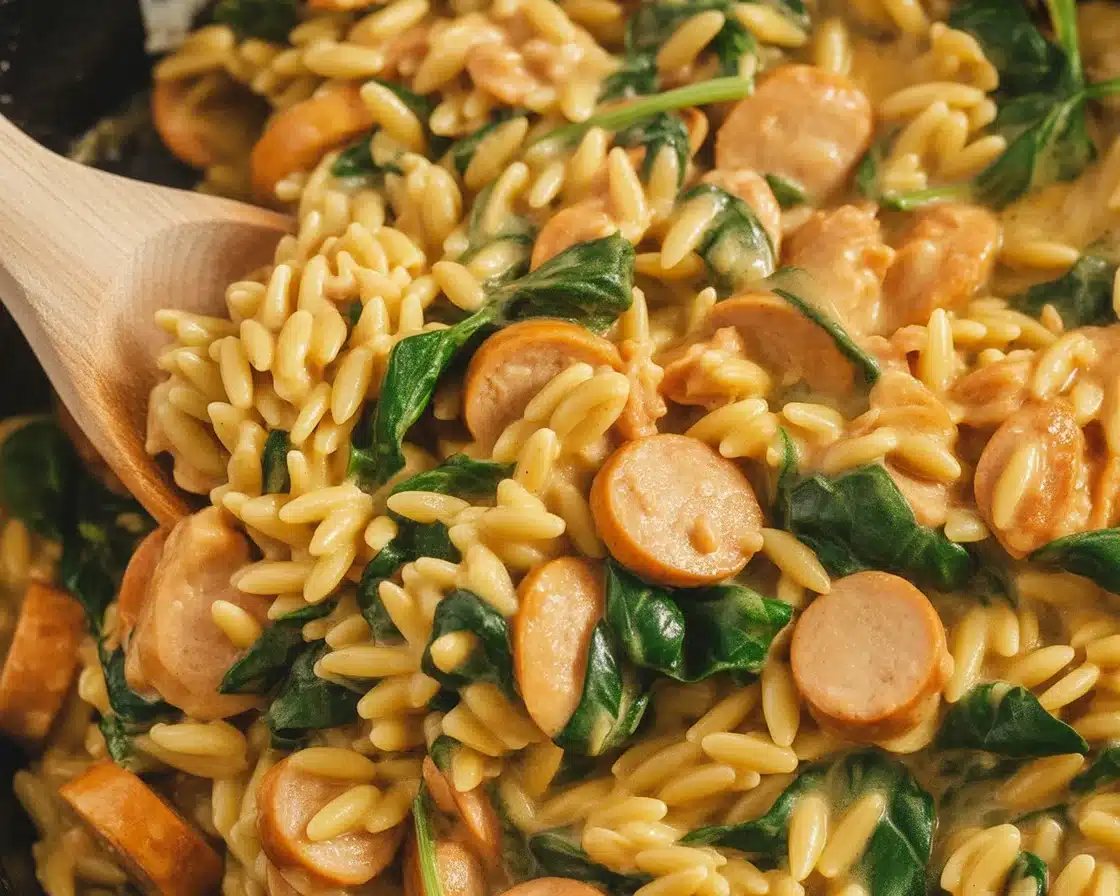 Creamy Chicken Sausage Orzo Skillet with vegetables and herbs in a large skillet.