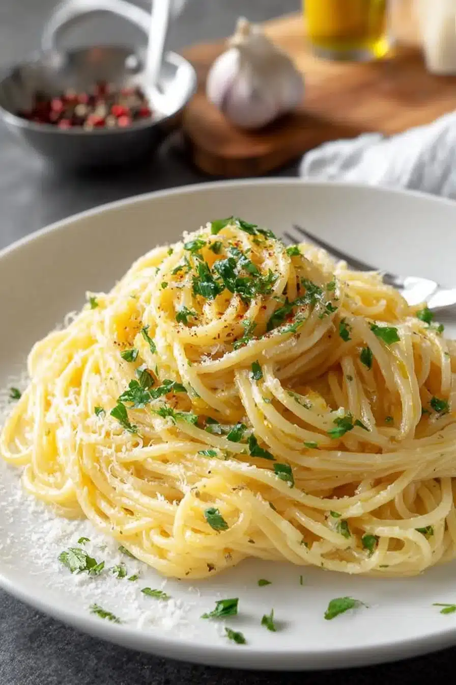 Delicious Garlic Butter Pasta garnished with fresh parsley and cheese