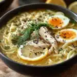 Bowl of Greek Lemon Chicken Soup garnished with fresh herbs and lemon slices.