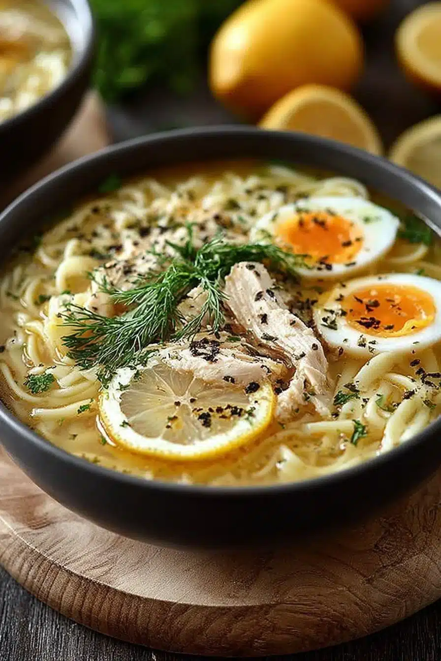 Bowl of Greek Lemon Chicken Soup garnished with fresh herbs and lemon slices.