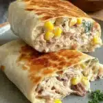 Healthy tuna melt wrap with veggies and melted cheese