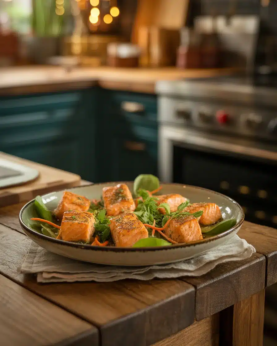 Crispy High Protein Low Calorie Bang Bang Salmon Bites plated over greens, golden and juicy.