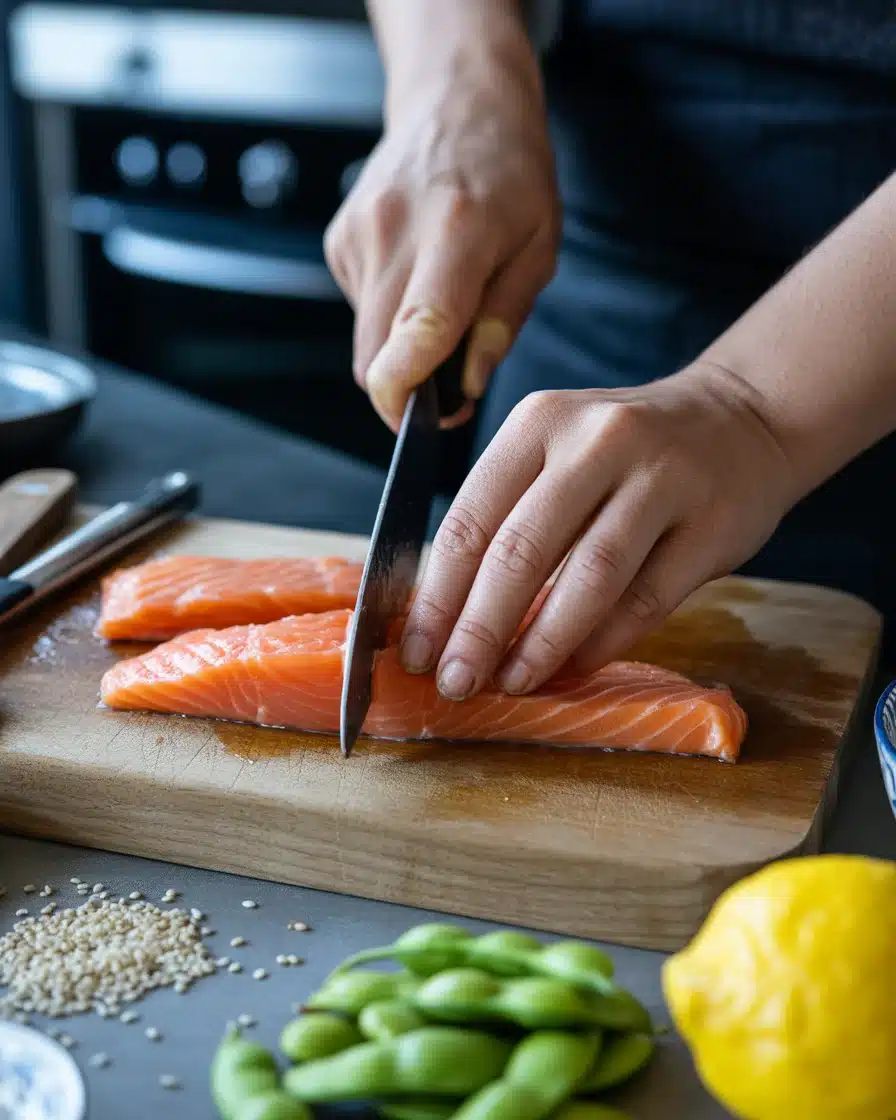 Cutting salmon into even cubes for High Protein Low Calorie Crispy Bang Bang Salmon Bites.