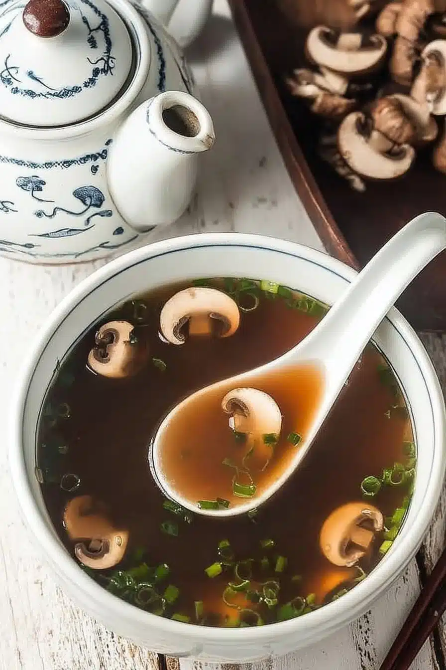 Bowl of Japanese clear soup with vegetables and tofu