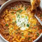 A bowl of steaming lasagna soup with cheese and basil