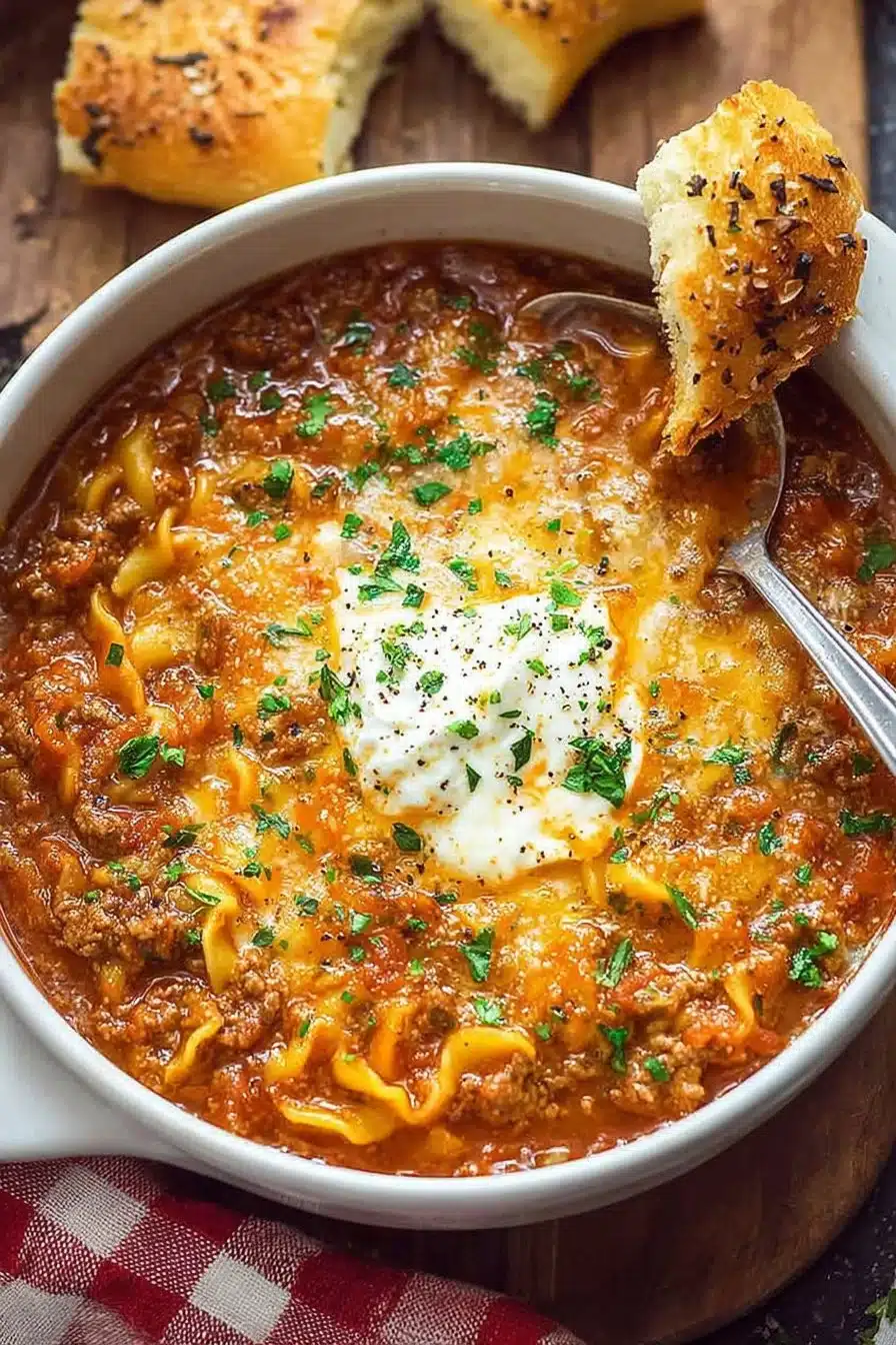 A bowl of steaming lasagna soup with cheese and basil