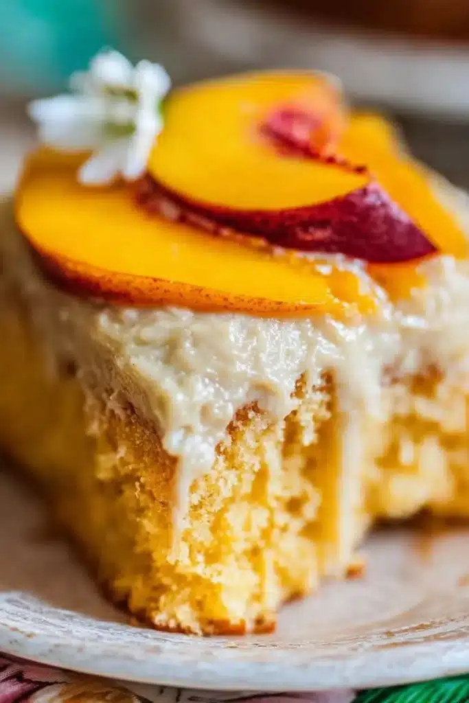 Delicious Peach Cake topped with creamy Brown Sugar Frosting.
