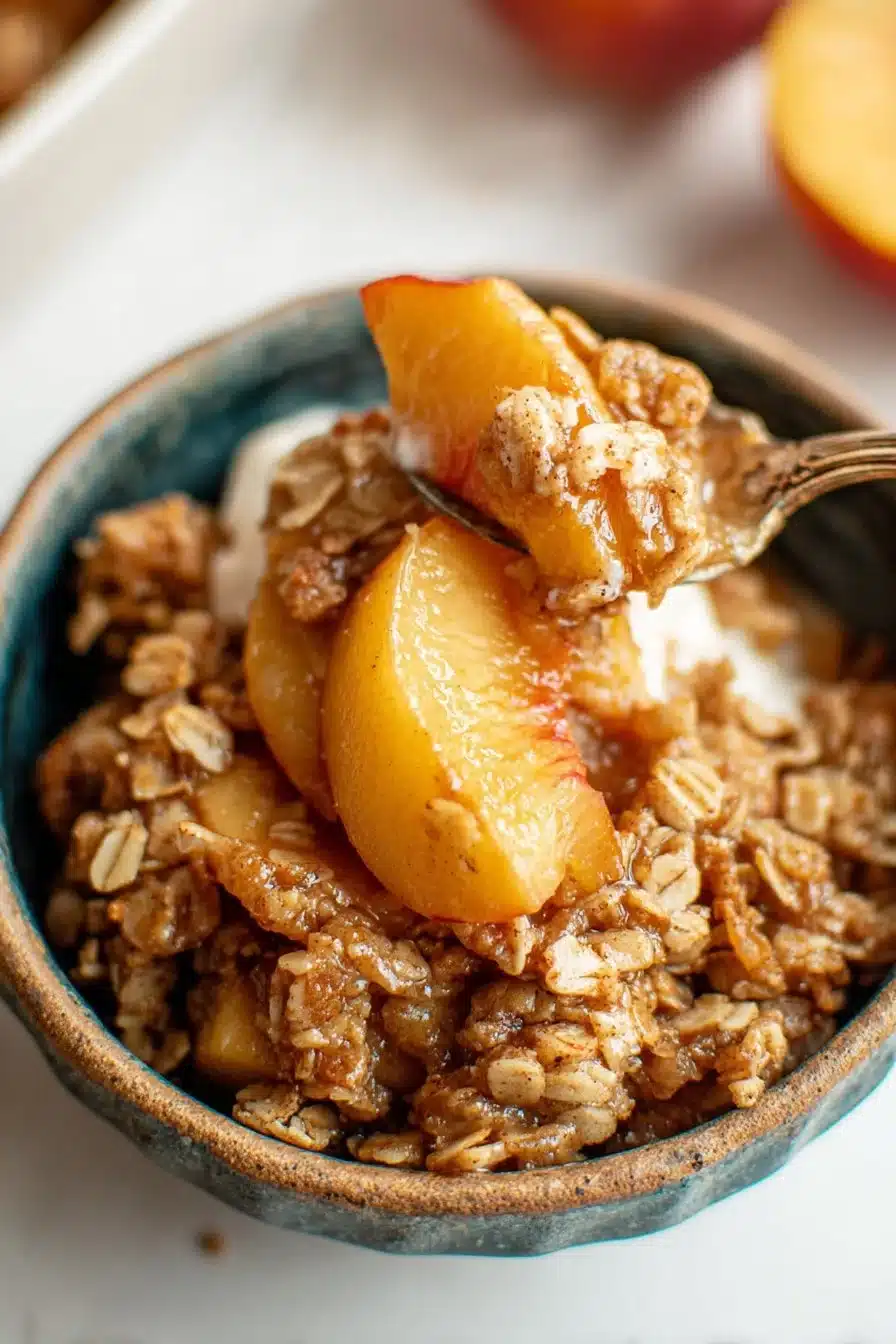 Delicious homemade Peach Crisp topped with crunchy oat and brown sugar crumble.