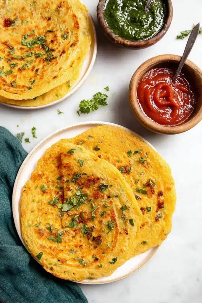 Delicious red lentil pancake served with fresh herbs and a drizzle of sauce