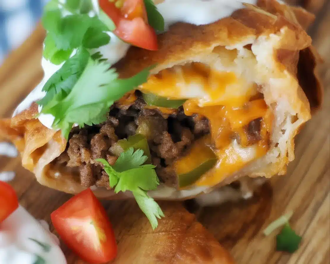 Crispy Beef and Cheese Chimichangas served with cheese sauce and garnished with lettuce and tomatoes.