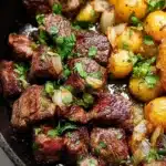 Skillet sirloin steak served with garlic roasted potatoes