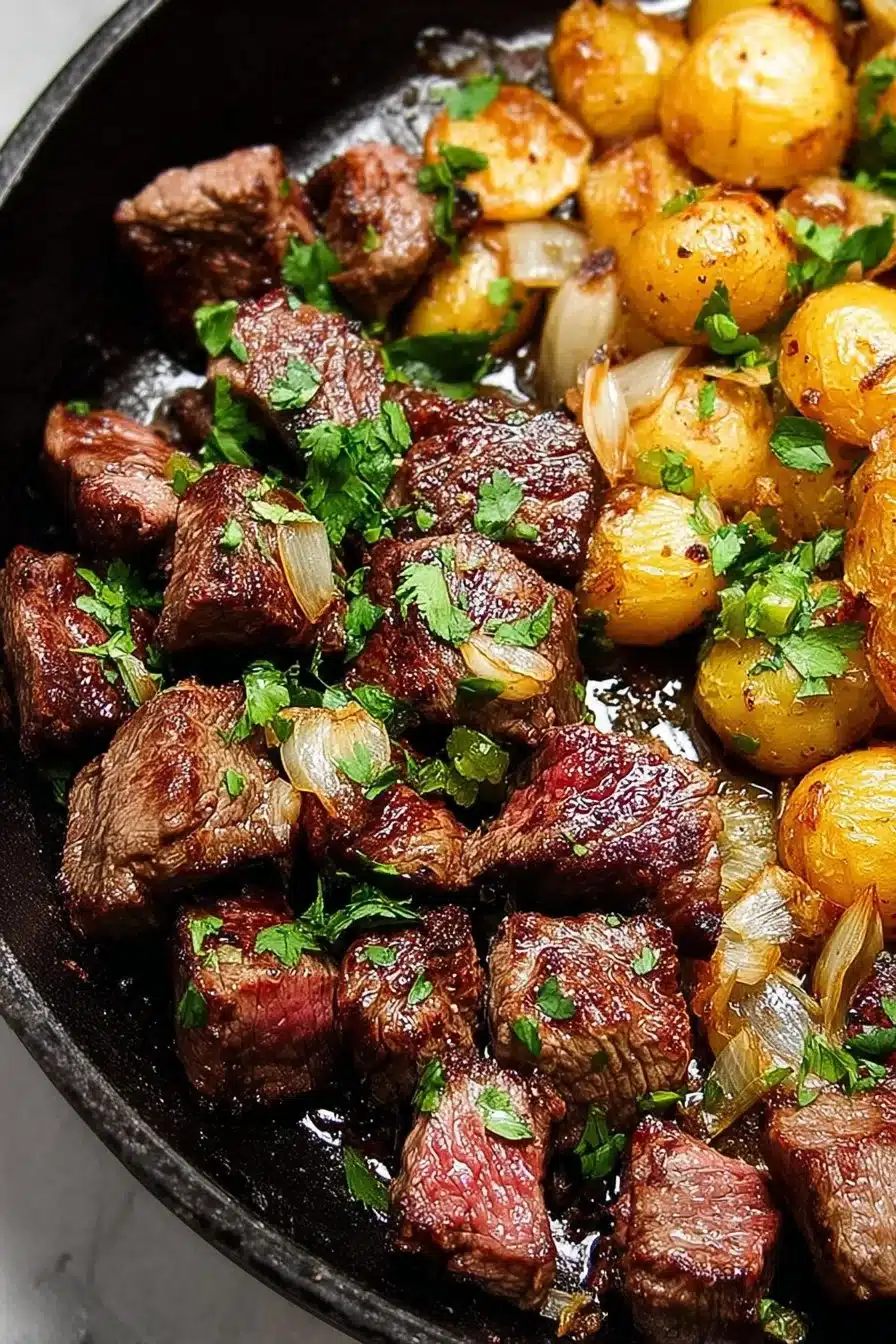 Skillet sirloin steak served with garlic roasted potatoes