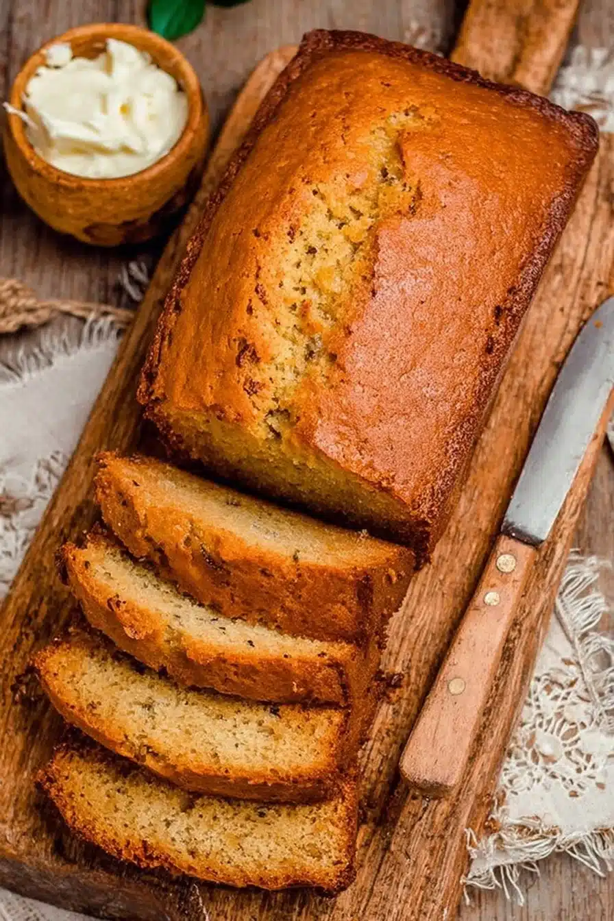Loaf of homemade Southern Peach Bread with slices and fresh peaches