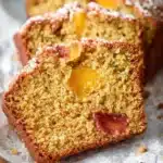 Loaf of spiced peach bread with slices showing moist texture and spiced flavor