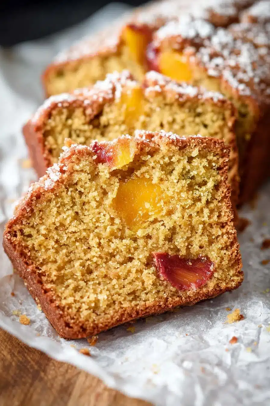 Loaf of spiced peach bread with slices showing moist texture and spiced flavor
