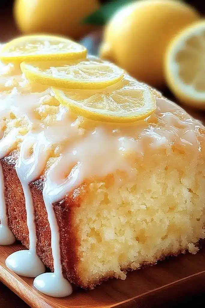 Slice of Starbucks copycat lemon loaf on a wooden board