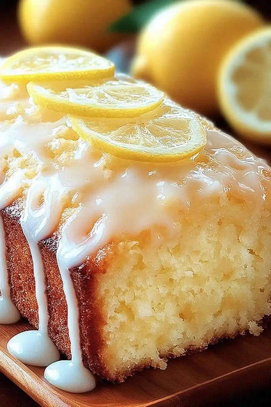Slice of Starbucks copycat lemon loaf on a wooden board