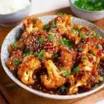 Sticky sesame cauliflower dish served on a plate