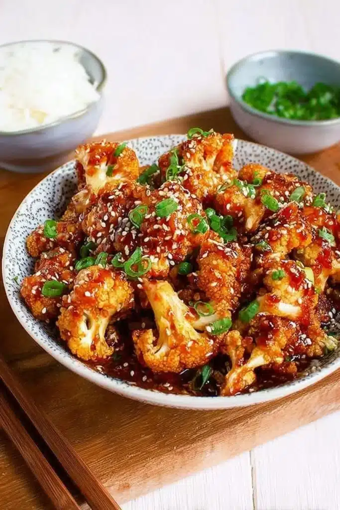 Sticky sesame cauliflower dish served on a plate