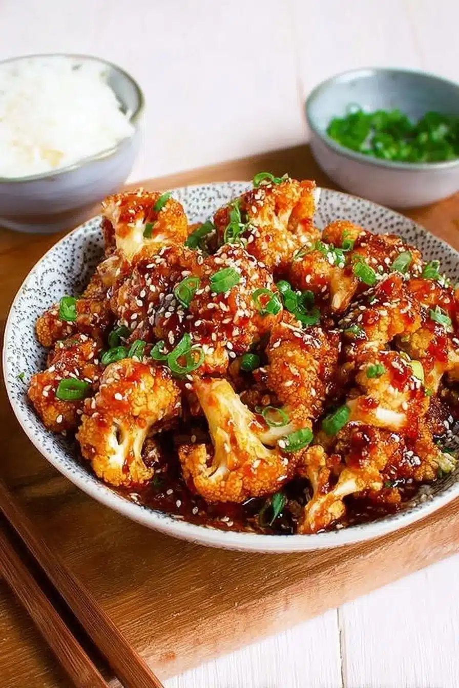 Sticky sesame cauliflower dish served on a plate