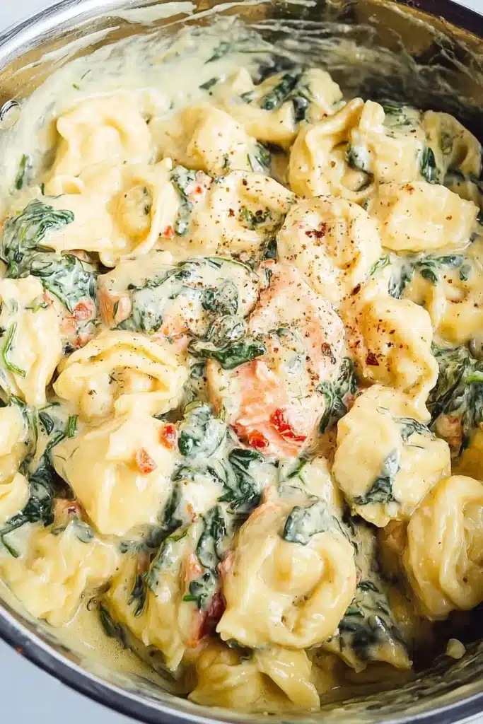 Plate of tortellini with salmon, garnished with herbs and sauce