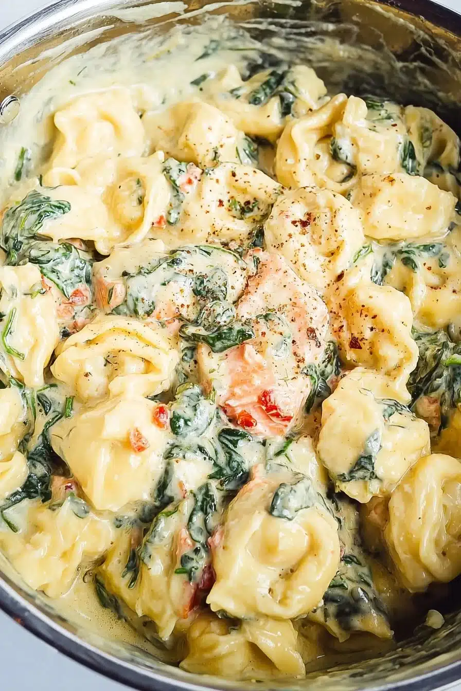 Plate of tortellini with salmon, garnished with herbs and sauce