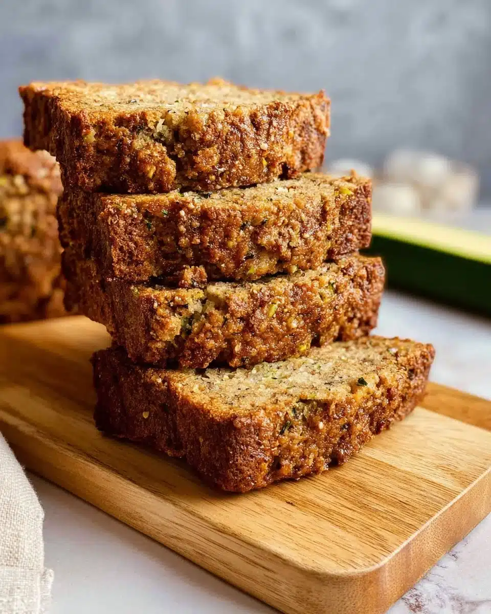 A freshly baked loaf of cozy zucchini bread, sliced and ready to enjoy.