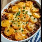 Delicious beef and potato casserole topped with cheese and herbs