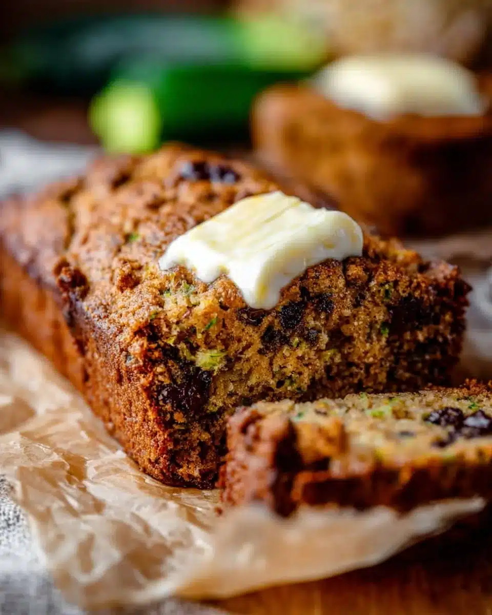 Loaf of the best zucchini bread topped with nuts and fresh herbs