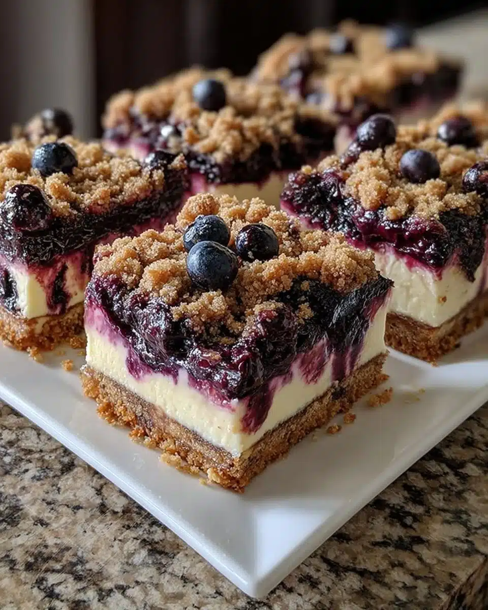 Delicious blueberry crisp cheesecake bars on a plate