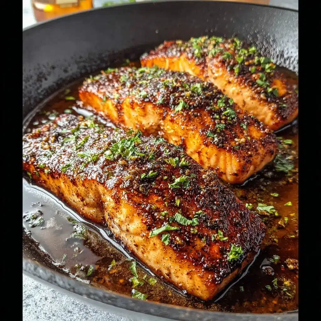 Cajun Honey Butter Salmon plated with herbs and lemon garnish