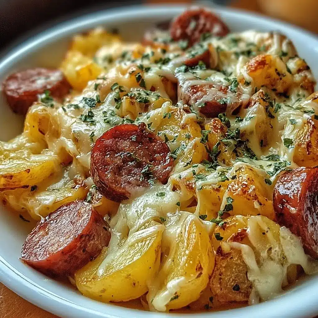 Cheesy Ranch Potatoes served with smoked sausage on a plate
