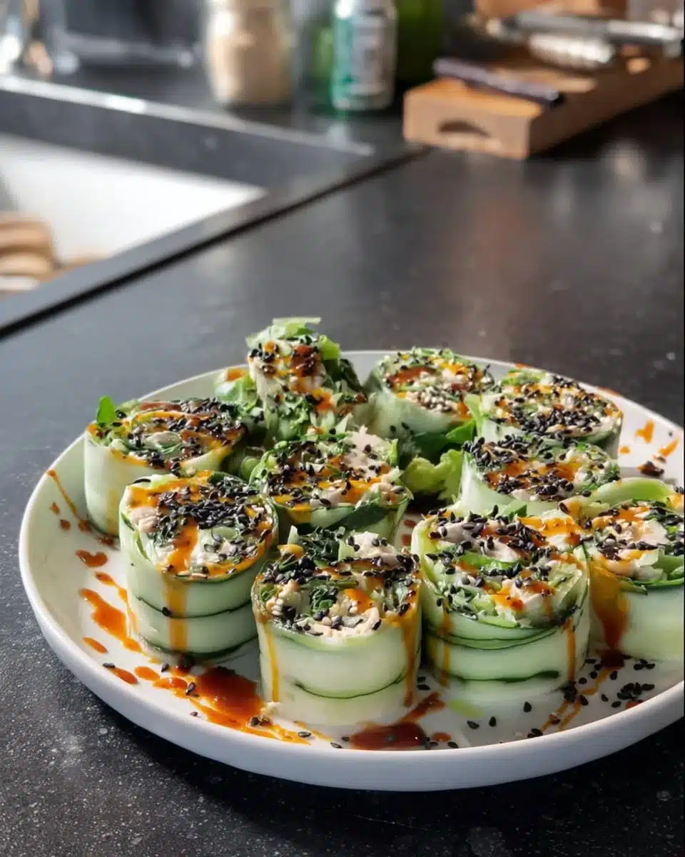 Chicken Salad Cucumber Rolls arranged on a plate, garnished with herbs.